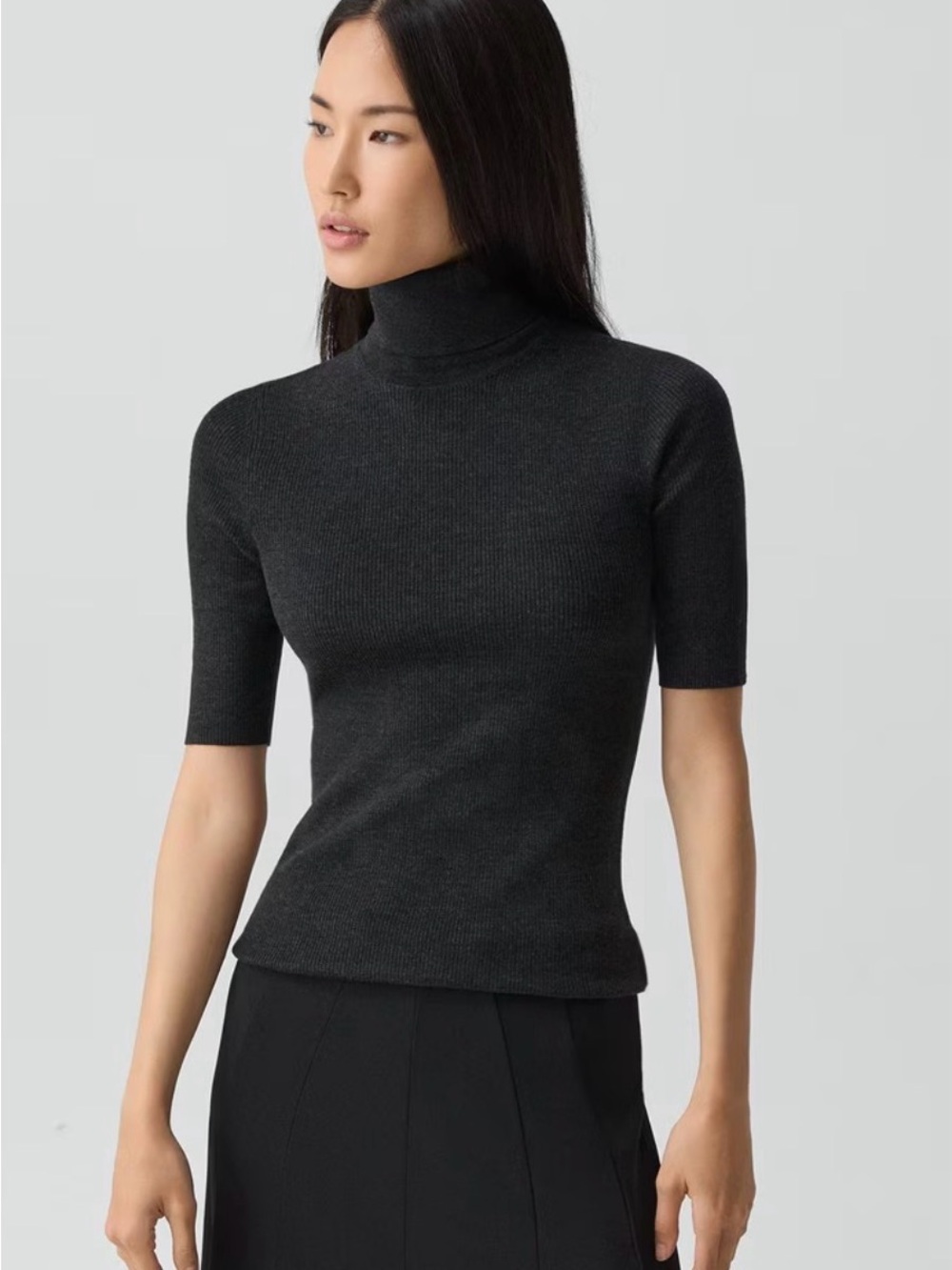 Theory Black Short-Sleeve Merino Wool Turtleneck Sweater